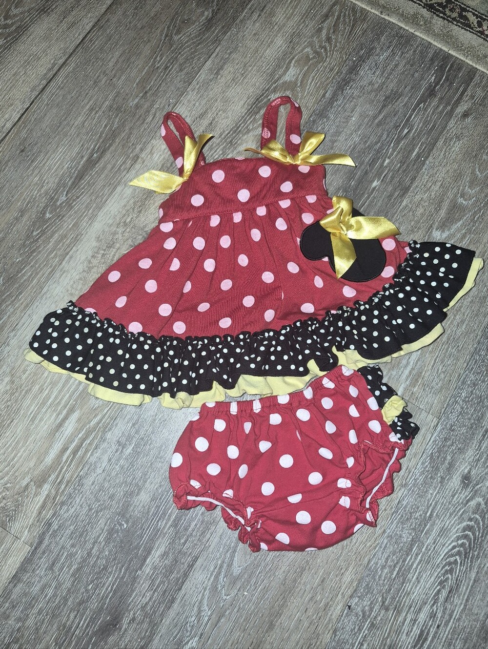 Girls Red Polka Dot Ruffle Dress & Bloomers Set with Yellow Accents